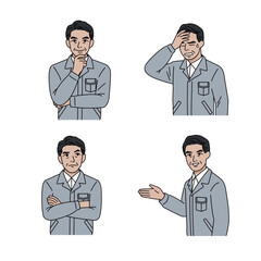 Fototapeta premium Male supervisor in gray uniform illustration set (thinking, worried, agreement, guiding)