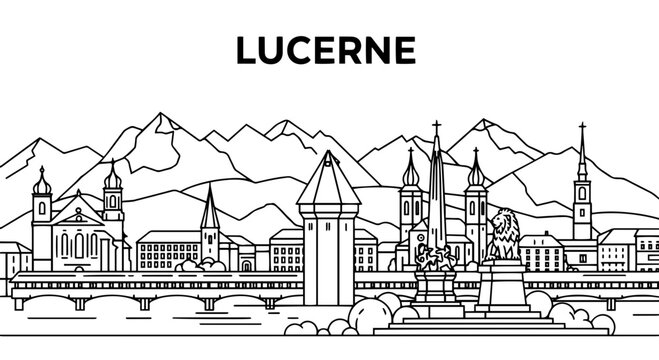 Swiss City of Lucerne Outline Vector Illustration