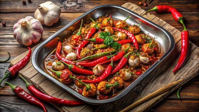 Garlic with chili nan served in tray dish isolated on wooden table top view of bangladeshi food