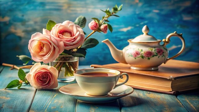 Cup of tea with book teapot and rose flowers on blue background with vintage tone afternoon tea party concept