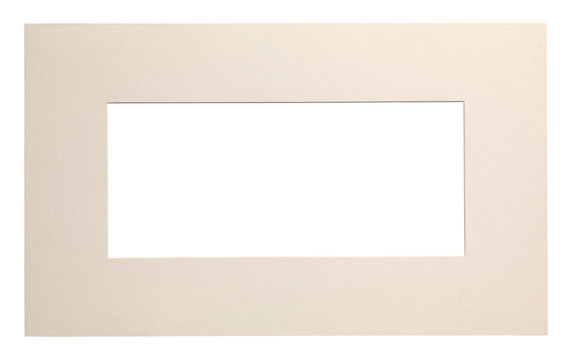 Vintage cream cardboard passepartout isolated on transparent background (png). Antique panoramic mat board frame template with realistic beveled edge and empty cutout center.