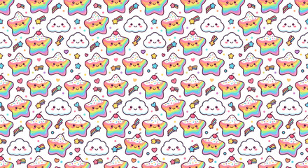 Fototapeta premium Cute Kawaii Rainbow Stars and Clouds Pattern