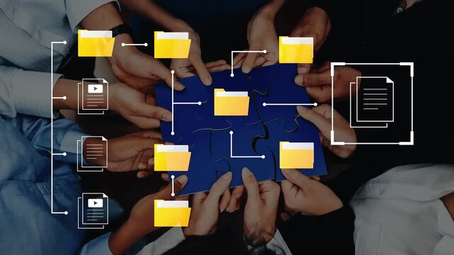 Hands Collaborating on a Puzzle with Folder Icons Representing Teamwork and Organization in a Digital Workspace Environment Gluon.