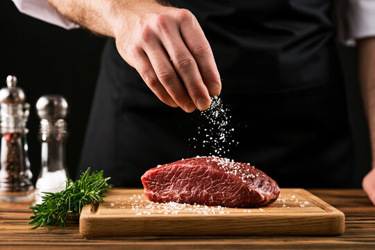 A chef's hands is salting a steak