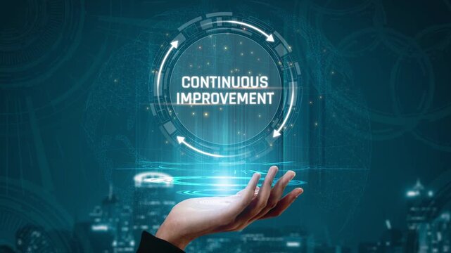 Hand Holding Holographic Interface with Text "Continuous Improvement" Against Digital Cityscape Background Concept of Growth and Development in Modern Business Sigmoid