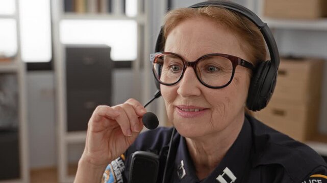 Woman police officer wearing glasses and headset holds microphone near mouth beside radio unit in police station; duty calm reassurance.