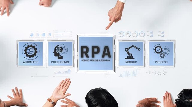 Group of Professionals Engaged in Discussion About Robotic Process Automation on Table with Graphs and Icons Representing Technology Concepts Sigmoid
