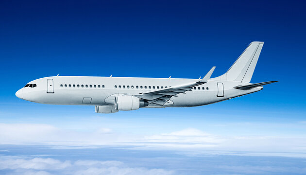 Generic white commercial airplane flying in blue sky above clouds side profile view passenger jet air travel transport concept mockup isolated passenger plane stock photo