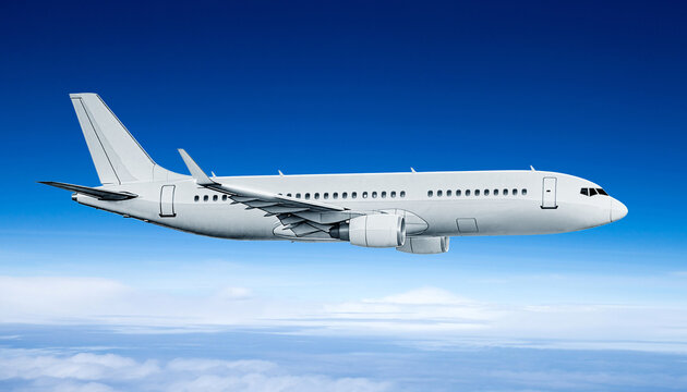 White passenger jet airplane flying high in the clear blue sky over white clouds commercial airline plane side view mock up for branding aviation transport travel industry concept stock photo