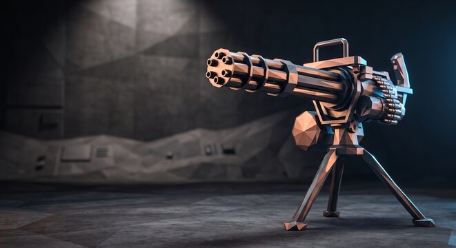 Low poly 3D render of a heavy gatling gun machine gun mounted on a tripod in a dark faceted environment