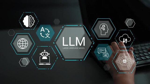 Conceptual representation of a large language model with digital icons depicting AI technology, translation, data processing, and creative thinking concepts Gluon.