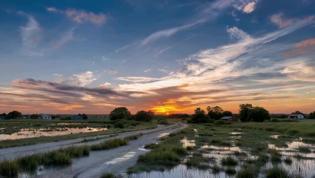 Twilight setting over a coastal salt marsh trail in Halifax Nova Scotia as vibrant sunset colors shift across the sky and mirror over still waters