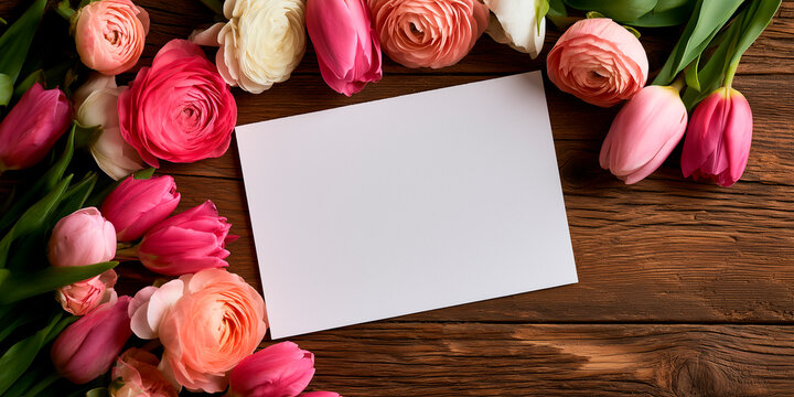 Spring flowers around blank frame on wooden background