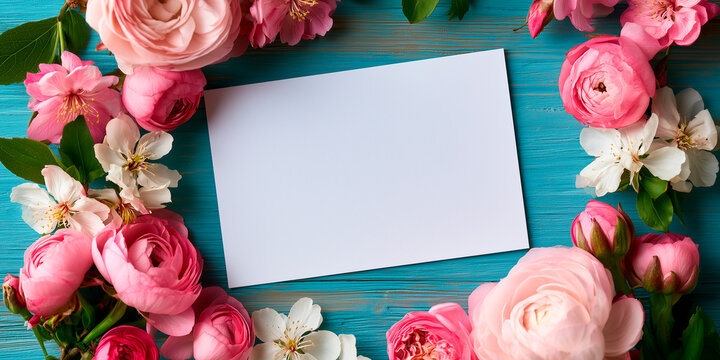 Spring flowers around blank frame on wooden background