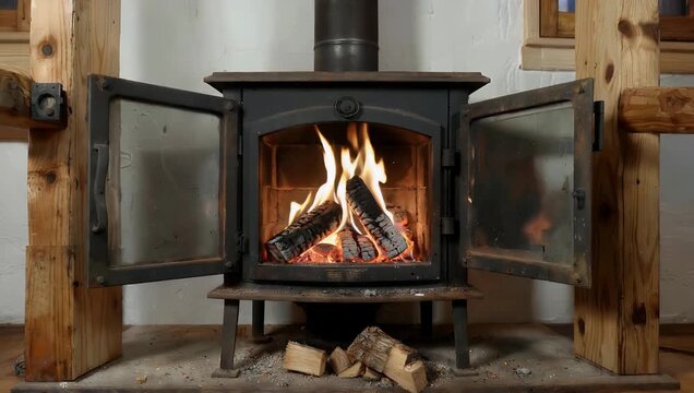 A traditional wood-burning stove with vibrant orange and yellow flames dancing behind glass inside a minimalist white room bringing warmth comfort and domestic relaxation