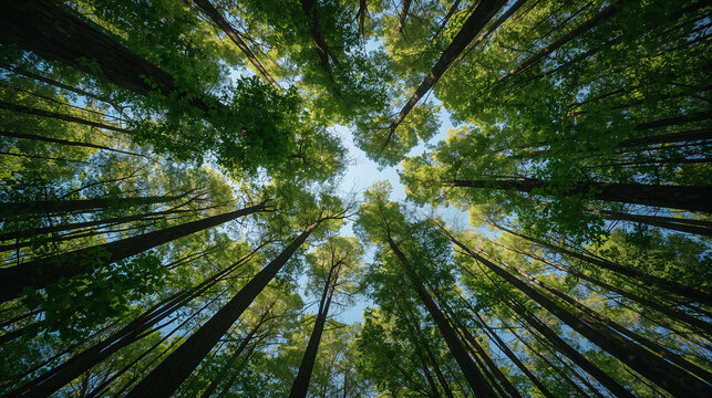 Wide Angle View of Tall Trees Looking Up at Green Canopy Against Blue Sky