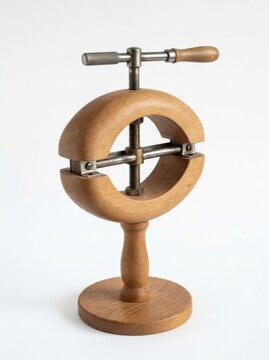 Vintage wooden hat stretcher and block stand tool isolated on white background with millinery