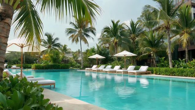 Crystal-clear turquoise swimming pool waters surrounded by sleek sun loungers and tropical palm trees embodying high-end vacation relaxation and hotel hospitality