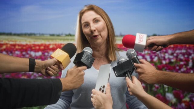 Woman speaking into multiple microphones held by reporters with visible hands and a smartphone in a tulip field; press interview confident.