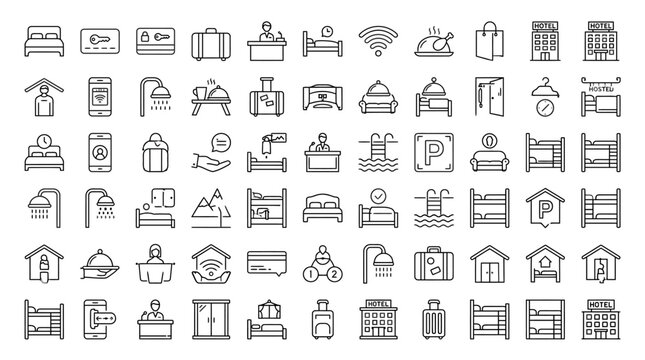 Minimalist hotel icon set, 60 hospitality line vectors. Travel and accommodation symbols for apps and signage.