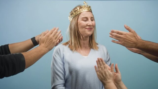 Middleaged blonde woman wearing gold crown with hands clapping around her, eyes closed and slight smile in studio; celebration.