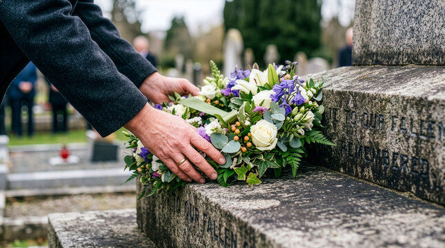 Hands placing a floral wreath at a memorial monument during a solemn ceremony