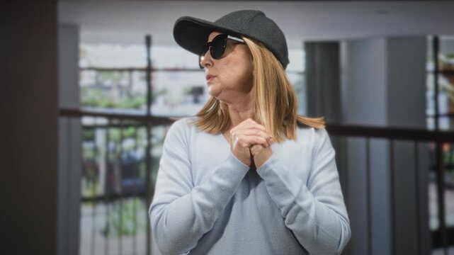 Woman in cap and sunglasses clasps hands and looks aside in a building near railing and window; quiet pensive reflection.