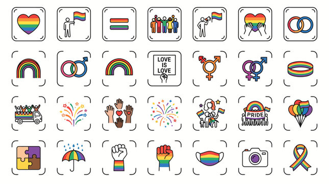 LGBTQ pride icons set, 28 rainbow community symbols, flat line vector graphics for pride month events and social media