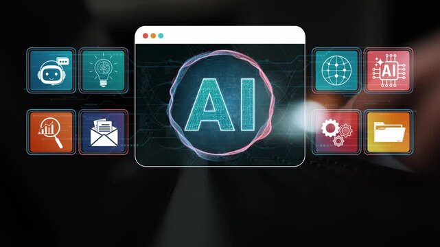 Digital display of AI technology featuring icons and symbols representing innovation, automation, communication, and data management in a modern interface Sigmoid
