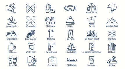 Set of ski resort and winter sports icons. Snowboard, snowmobile, ski lift, jacket, boots. Blue line style vector symbols for winter holiday, travel, skiing, outdoor recreation © Viadalla