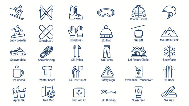 Set of ski resort and winter sports icons. Snowboard, snowmobile, ski lift, jacket, boots. Blue line style vector symbols for winter holiday, travel, skiing, outdoor recreation