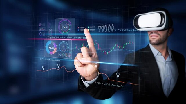 A businessman engages with a virtual reality interface showcasing dynamic data metrics and analytics, highlighting the intersection of technology and business in a modern setting. Raster