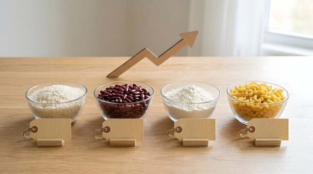 Rising food prices shown with staple goods and wooden growth arrow