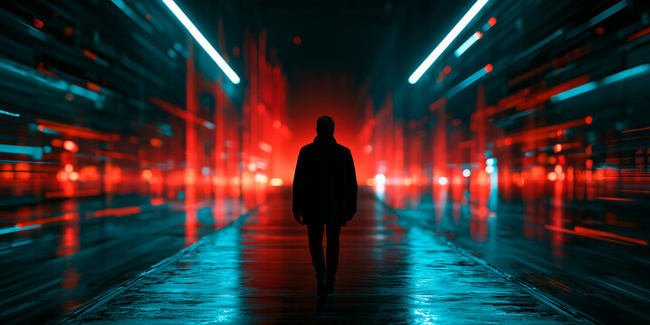 Man Walking on Path Through Futuristic Architectural Landscape