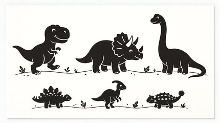 Obraz premium Cute cartoon dinosaurs collection black and white illustration