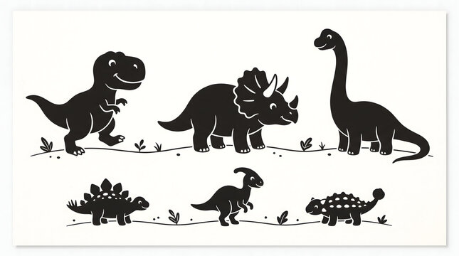 Cute cartoon dinosaurs collection black and white illustration