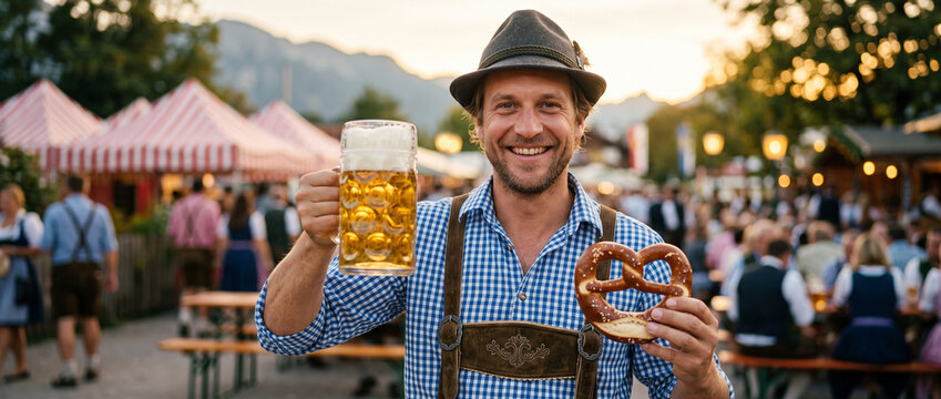 Smiling man in traditional bavarian lederhosen holding beer mug and pretzel at Oktoberfest festival. German folk culture celebration and beer garden party with joyful autumn holiday tradition