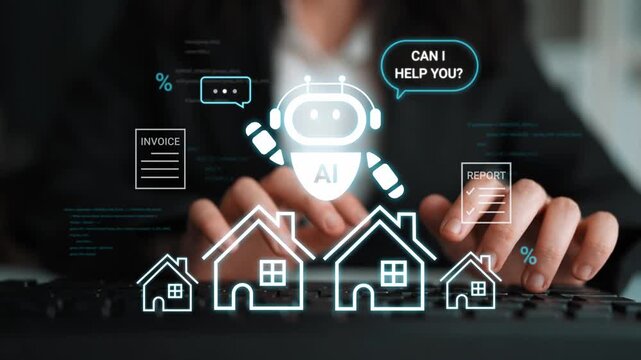 Digital assistant concept showing chatbot interaction with documents and housing icons on keyboard, illustrating AI technology in real estate and customer service Gluon.
