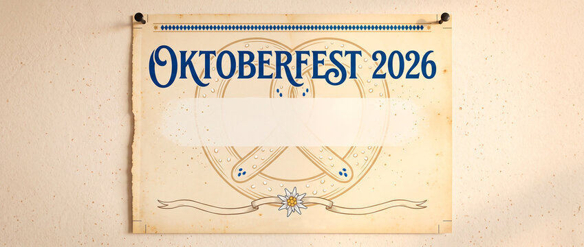 Vintage Oktoberfest 2026 poster pinned to wall with pretzel illustration and edelweiss flower. Traditional German beer festival announcement template with copy space for invitation and autumn