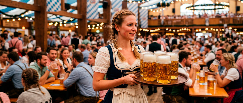Woman waitress in dirndl carrying tray with beer mug in crowded Oktoberfest tent. bavarian folk festival and german tradition celebration. beer culture and hospitality concept.