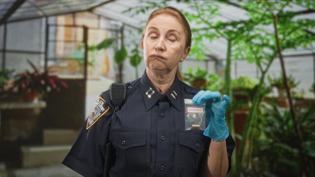 Woman police officer holds transparent evidence bag with gloved hand showing a bullet and label inside greenhouse building, eyes closed with skeptical expression; duty.