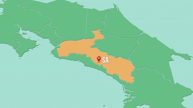 Mapa de Costa Rica con divisi&oacute;n pol&iacute;tica resaltando la provincia y capital San Jos&eacute; 