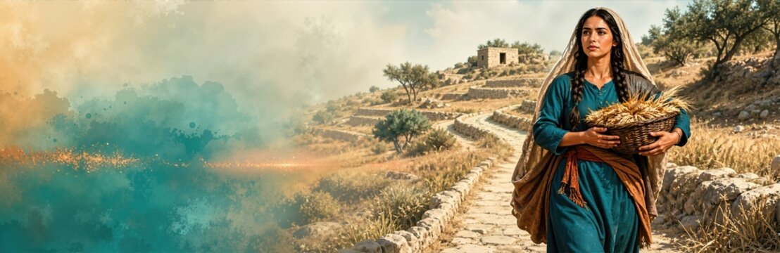 Biblical woman Ruth walking along stone pathway carrying basket of golden barley grain in rural hills. Ancient Israelite scene with teal watercolor background texture and banner copy space