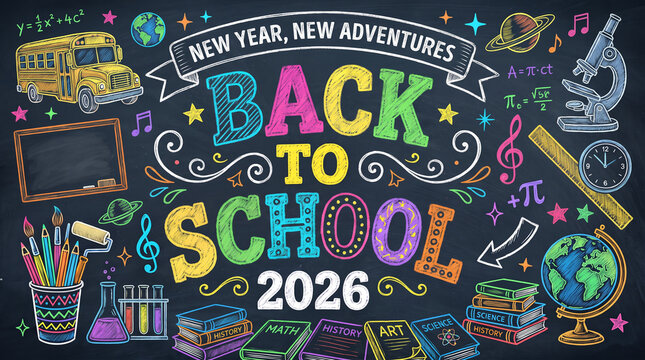 Back to School 2026 Chalkboard with Colorful School Supplies 