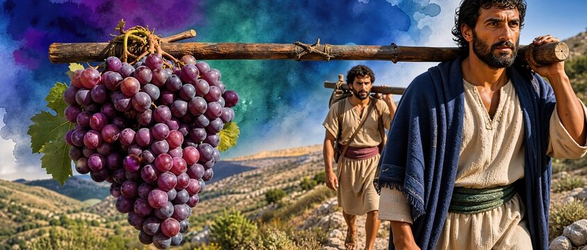 Massive cluster of purple grapes carried on a wooden pole by biblical scouts. Ancient men walking along a mountain ridge with colorful watercolor paint background effect. Wide banner scripture scene
