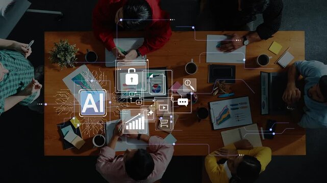 Collaborative Team Meeting with AI Technology and Digital Graphics for Business Strategy and Innovation Ideas in Modern Workspace Setting Gluon.