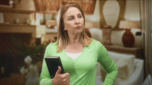 Woman holding book with hand on hip in a living room, pursing lips in a skeptical pose; judgment introspection.
