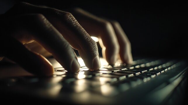 Hands typing on laptop keyboard in dark