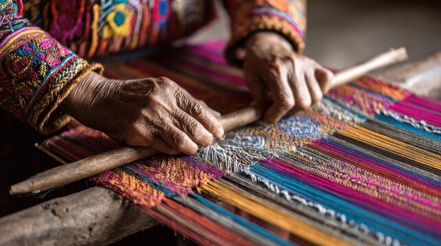 Hands weaving colorful textiles