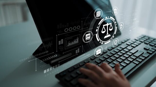 Hands Typing on Keyboard with Digital Justice and Law Icons Displayed on Computer Screen in Modern Office Environment. Entropy.